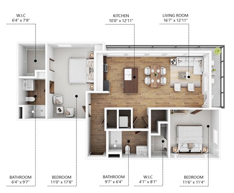 Floor plan for 2 beds, 2 baths, 1018 sqft